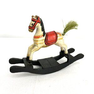 Wooden Rocking Horse Figurine Hand Painted Rope Tail Leather Ears 6" Long